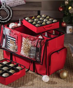 Alternative view of ZOBER All in One Christmas Ornament Storage Box & Decoration Container - Easy Access Removable Trays. Keeps 73 Ornaments - Adjustable Extent Area for Figurines and Pockets for Decoration - Red