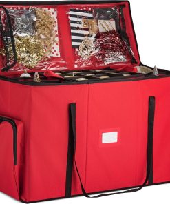 ZOBER All in One Christmas Ornament Storage Box & Decoration Container - Easy Access Removable Trays. Keeps 73 Ornaments - Adjustable Extent Area for Figurines and Pockets for Decoration - Red